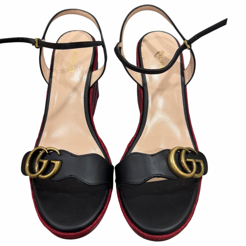 Gucci Lifford Espadrille Platform Sandals GG Marmont Black Red Blue Size 39 - Picture 4 of 10